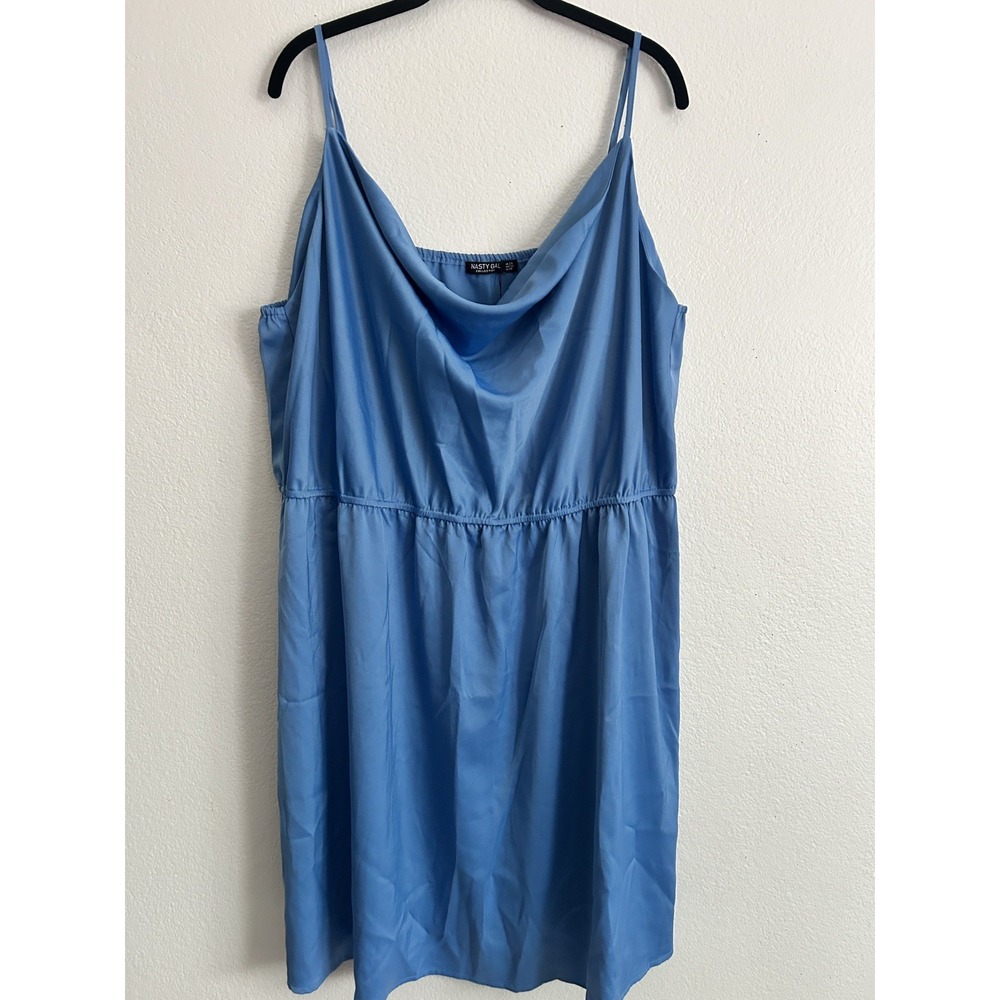 NWT Nasty Gal Satin Your Dreams Blue Slip On Mini Dress +Size 20 Adjust Straps